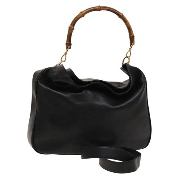 GUCCI Bamboo Shoulder Bag Leather 2way Black Gold 001 1577 Auth MX325 - Picture 1 of 16